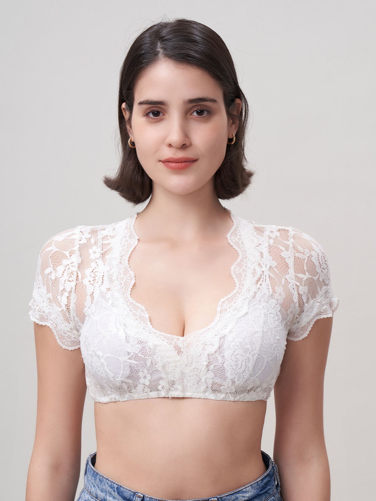 Damen V-Ausschnitt Kurzarm Weiß Dirndlblusen JASMIN