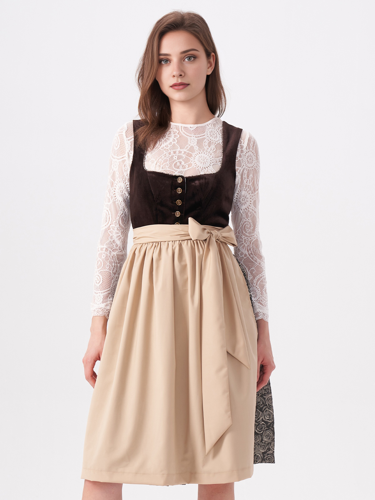Damen Braun Gerader Ausschnitt Zwei verdeckte Eingriffstaschen Dirndl NICOLE