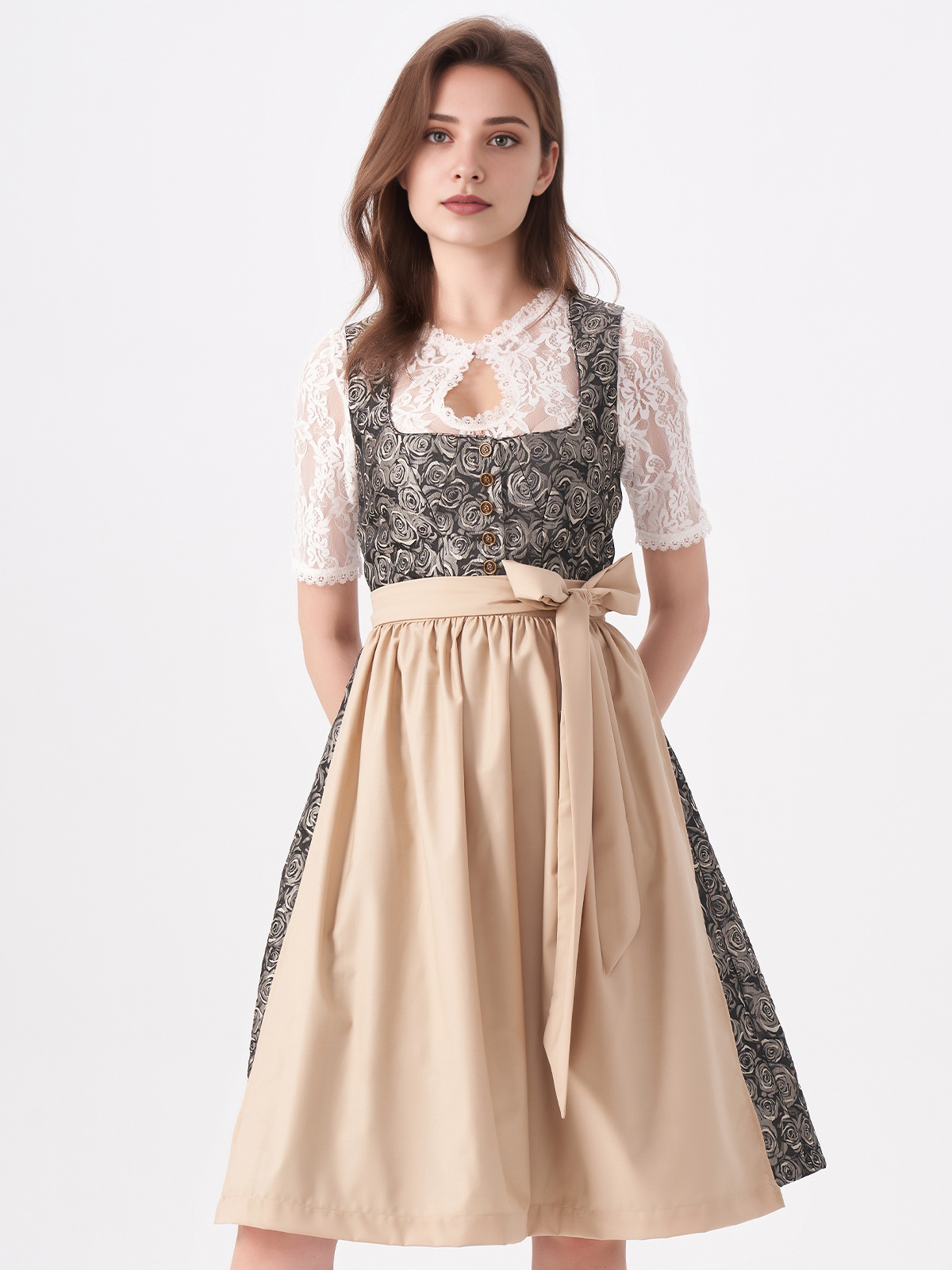 Damen Gelb Gerader Ausschnitt Zwei verdeckte Eingriffstaschen Dirndl NADINE
