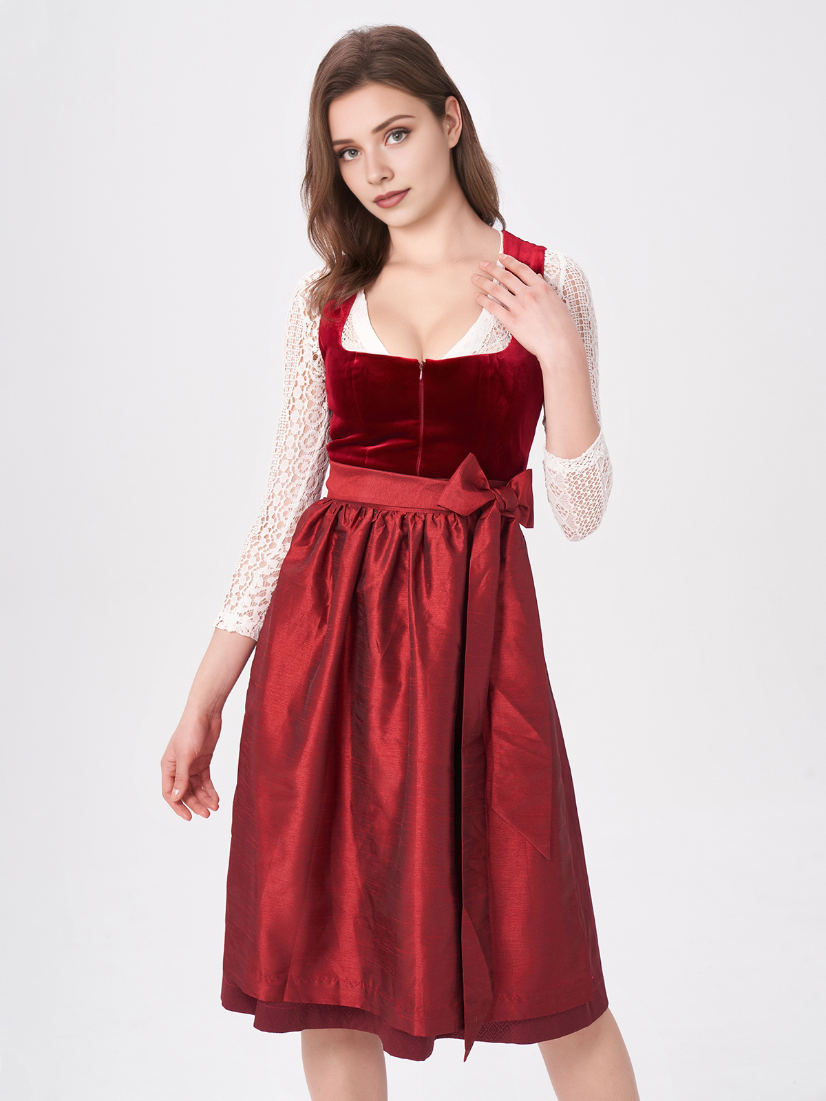 Damen Rot Gerader Ausschnitt Zwei verdeckte Eingriffstaschen Dirndl KLAUDIA
