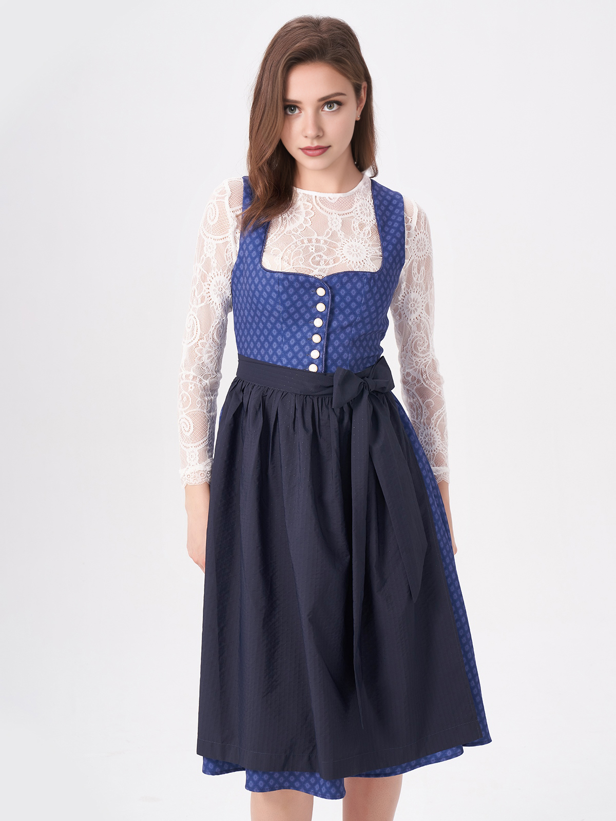 Damen Blau Herz-Ausschnitt Zwei verdeckte Eingriffstaschen Dirndl DANIELA