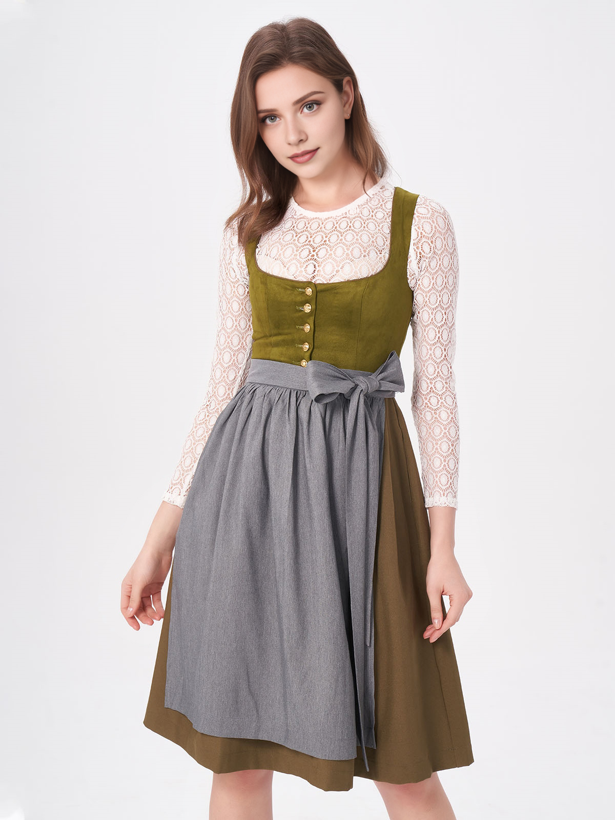 Damen Grün Gerader Ausschnitt Zwei verdeckte Eingriffstaschen Dirndl MOKI