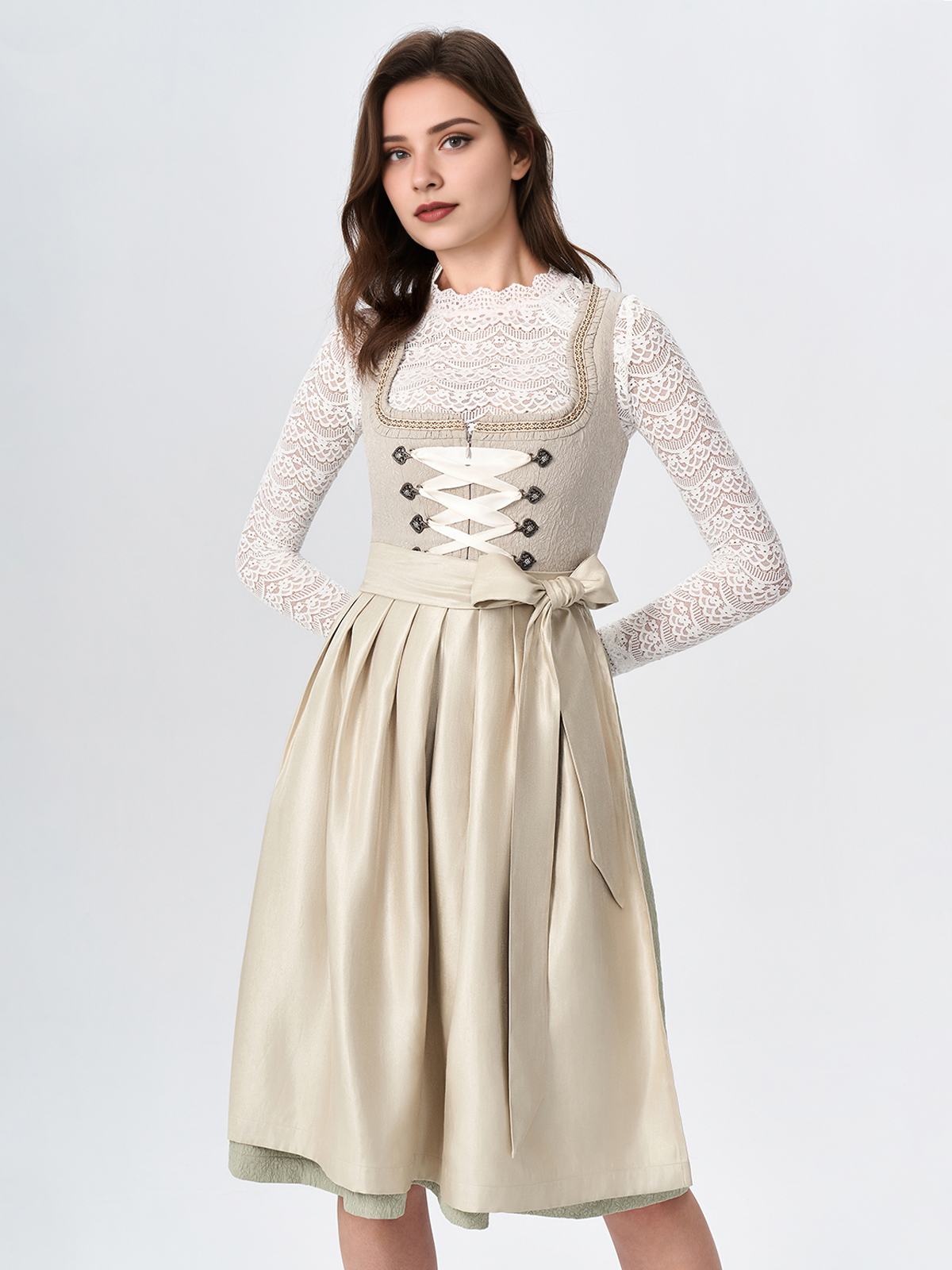 Damen Beige Gerader Ausschnitt Zwei verdeckte Eingriffstaschen Dirndl KATHARINA