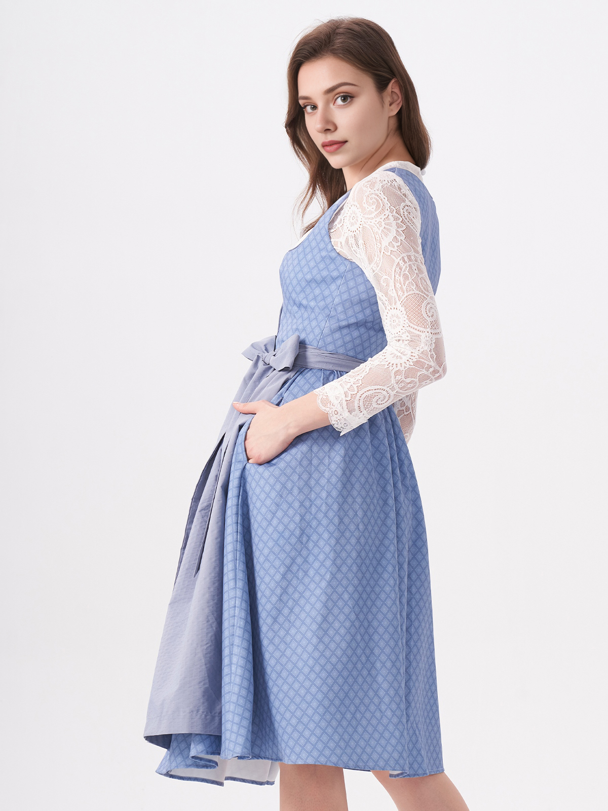 Damen Blau Herz-Ausschnitt Zwei verdeckte Eingriffstaschen Dirndl DANIELA