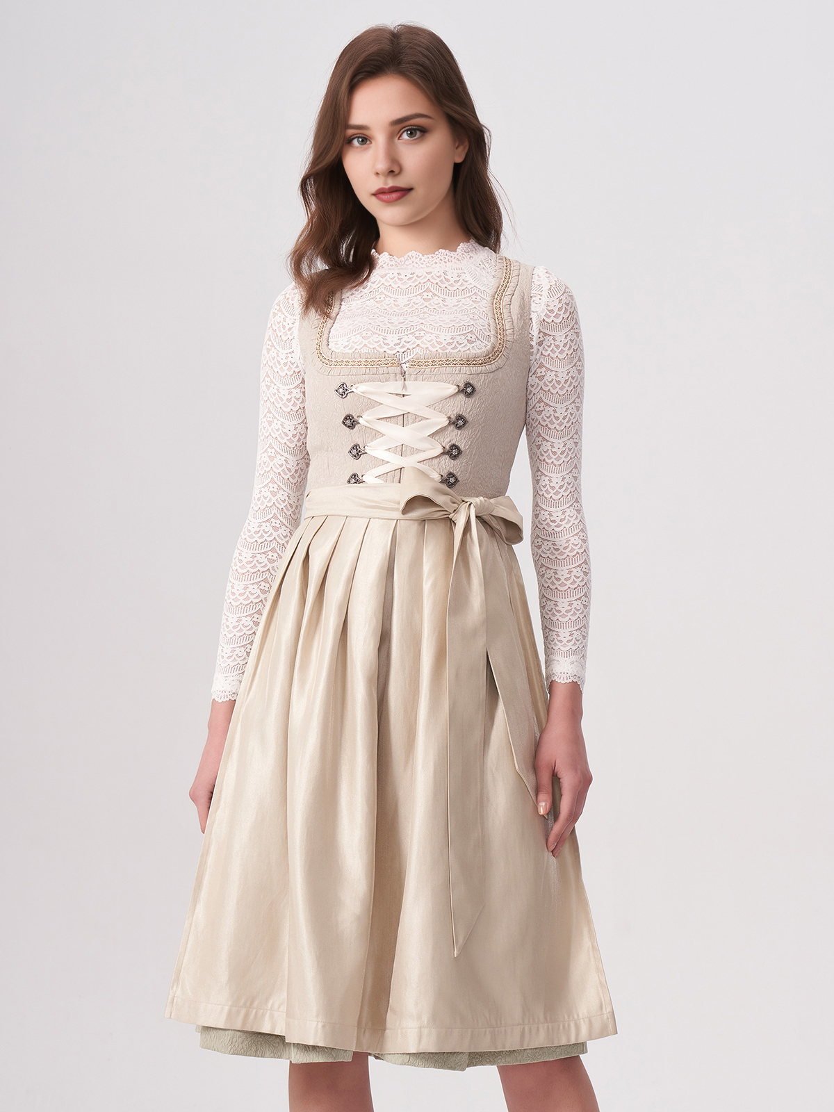 Damen Beige Gerader Ausschnitt Zwei verdeckte Eingriffstaschen Dirndl KATHARINA