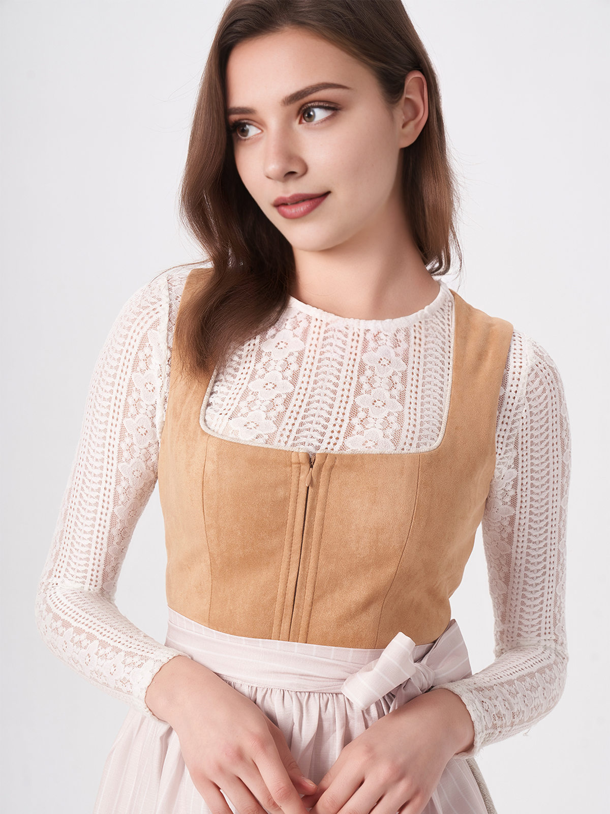 Damen Braun Gerader Ausschnitt Zwei verdeckte Eingriffstaschen Dirndl FREDA