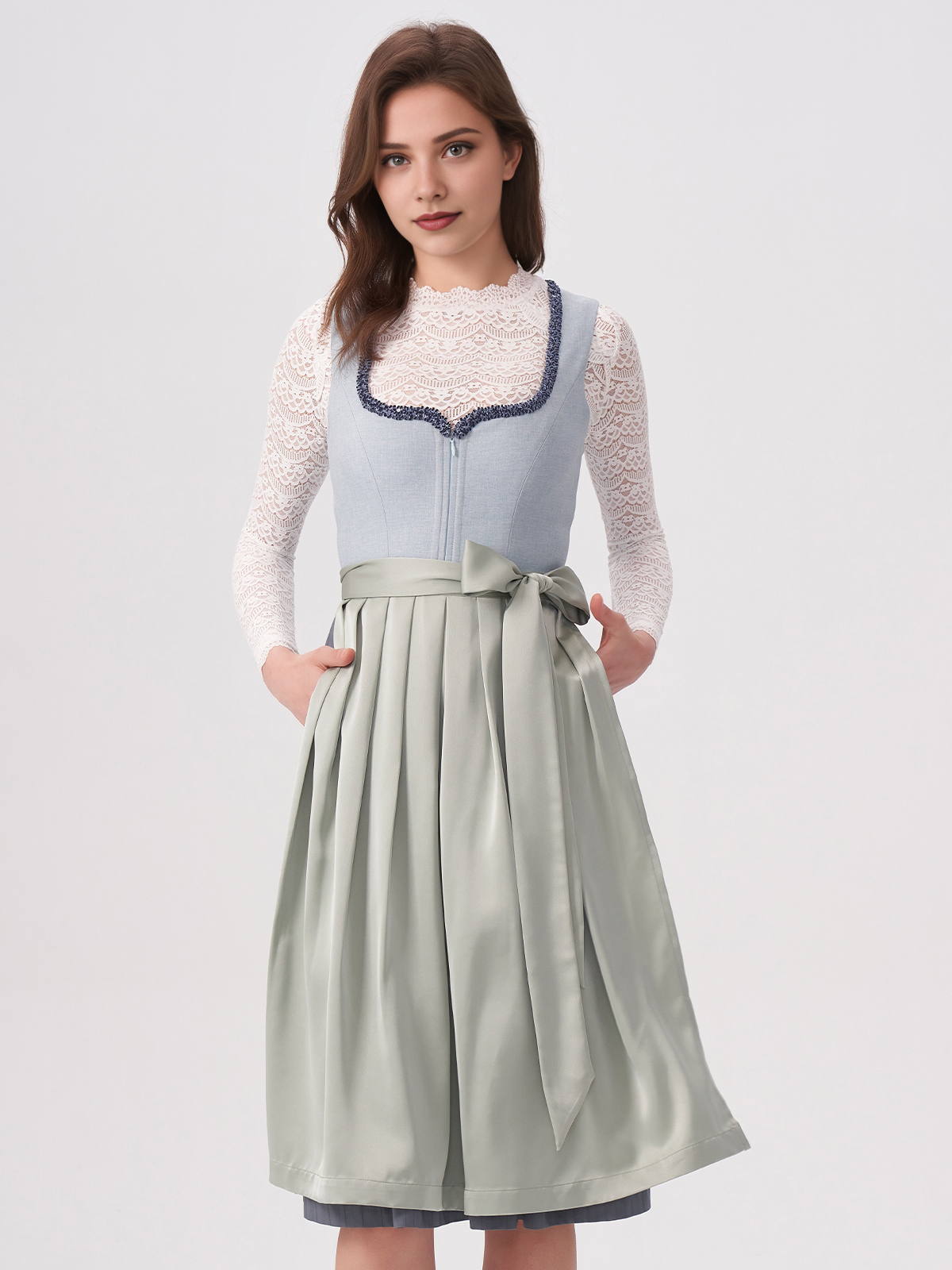 Damen Blau Herz-Ausschnitt Zwei verdeckte Eingriffstaschen Dirndl MANDL