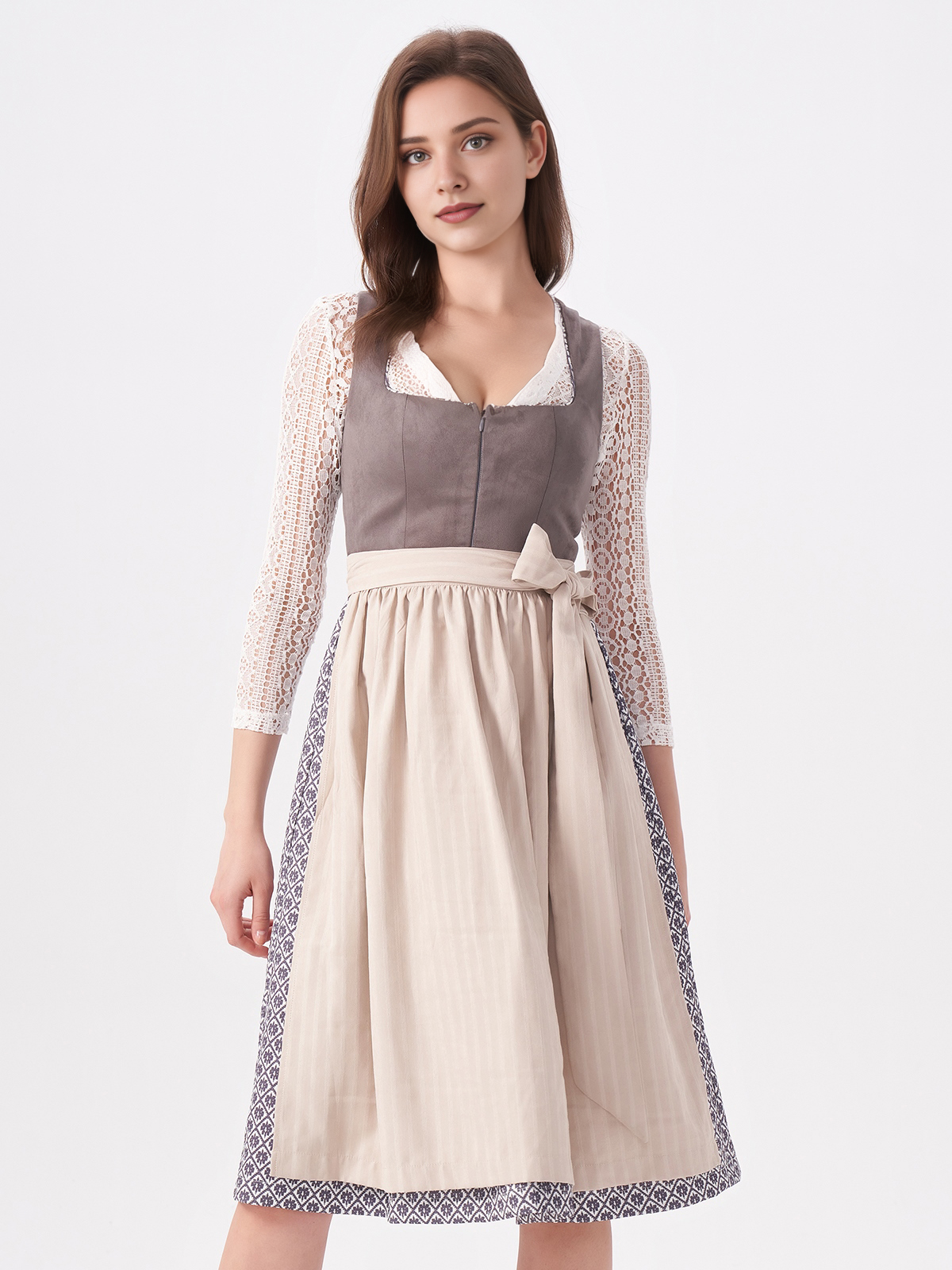 Damen Grau Gerader Ausschnitt Zwei verdeckte Eingriffstaschen Dirndl MAXIMA