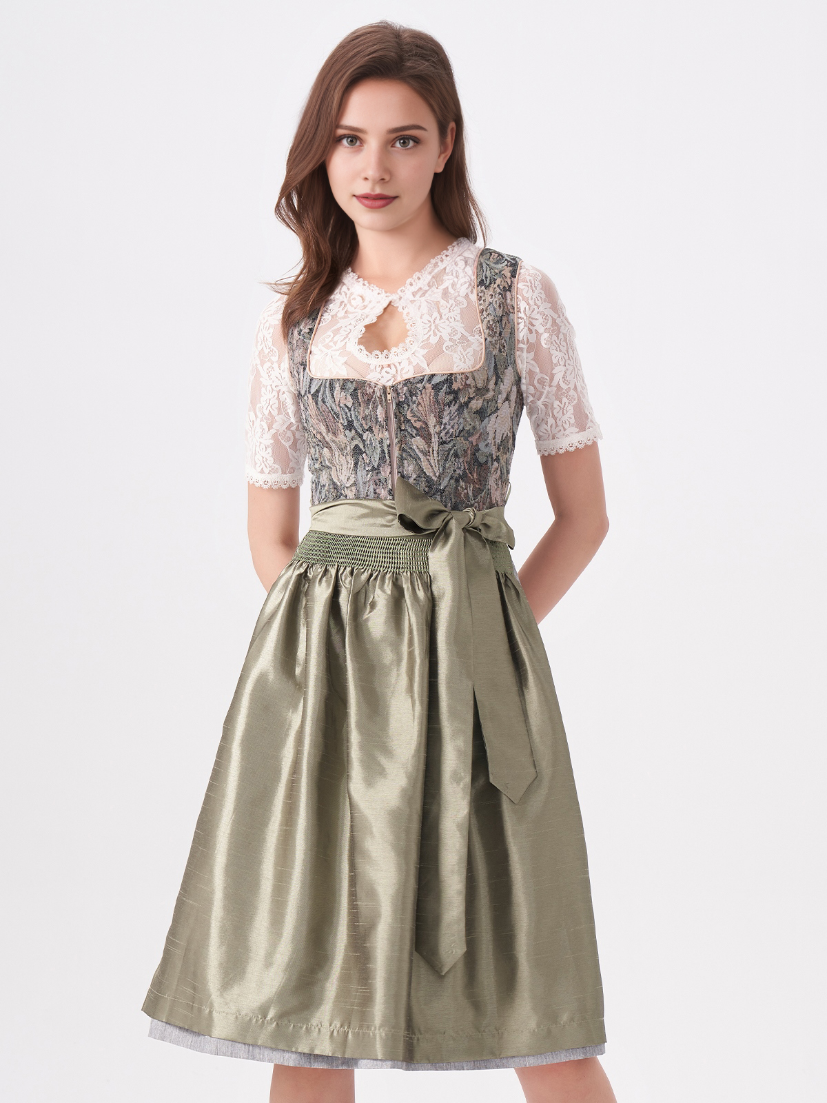Damen Grün Herz-Ausschnitt Zwei verdeckte Eingriffstaschen Dirndl BIANCA