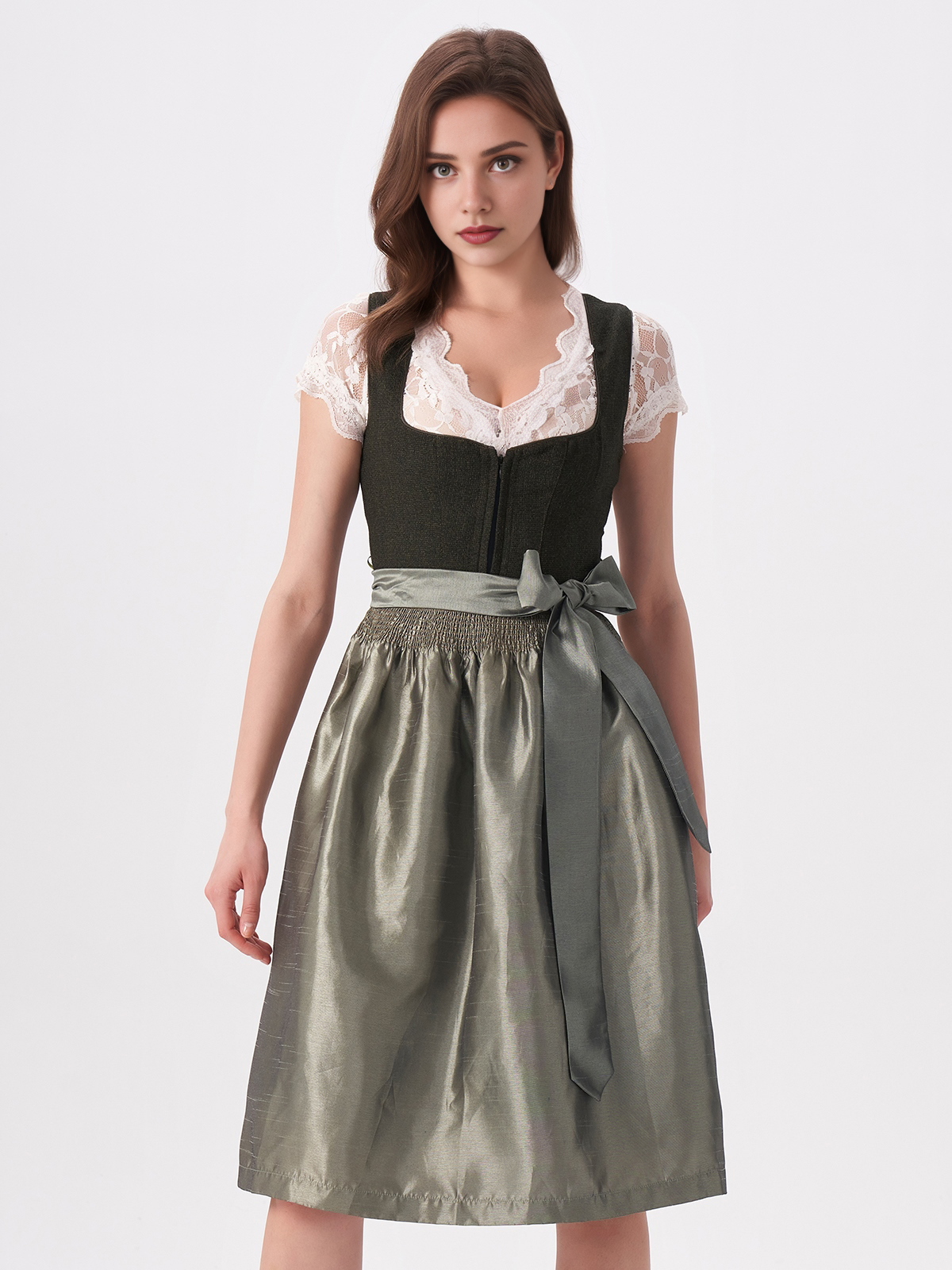 Damen Grün Herz-Ausschnitt Zwei verdeckte Eingriffstaschen Dirndl DORA