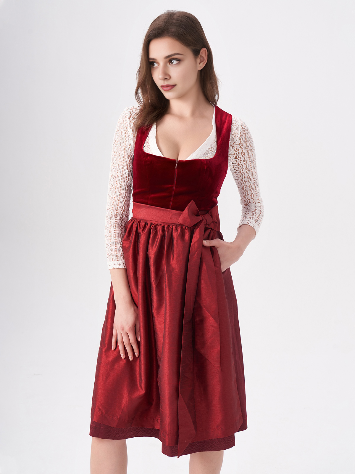 Damen Rot Gerader Ausschnitt Zwei verdeckte Eingriffstaschen Dirndl KLAUDIA