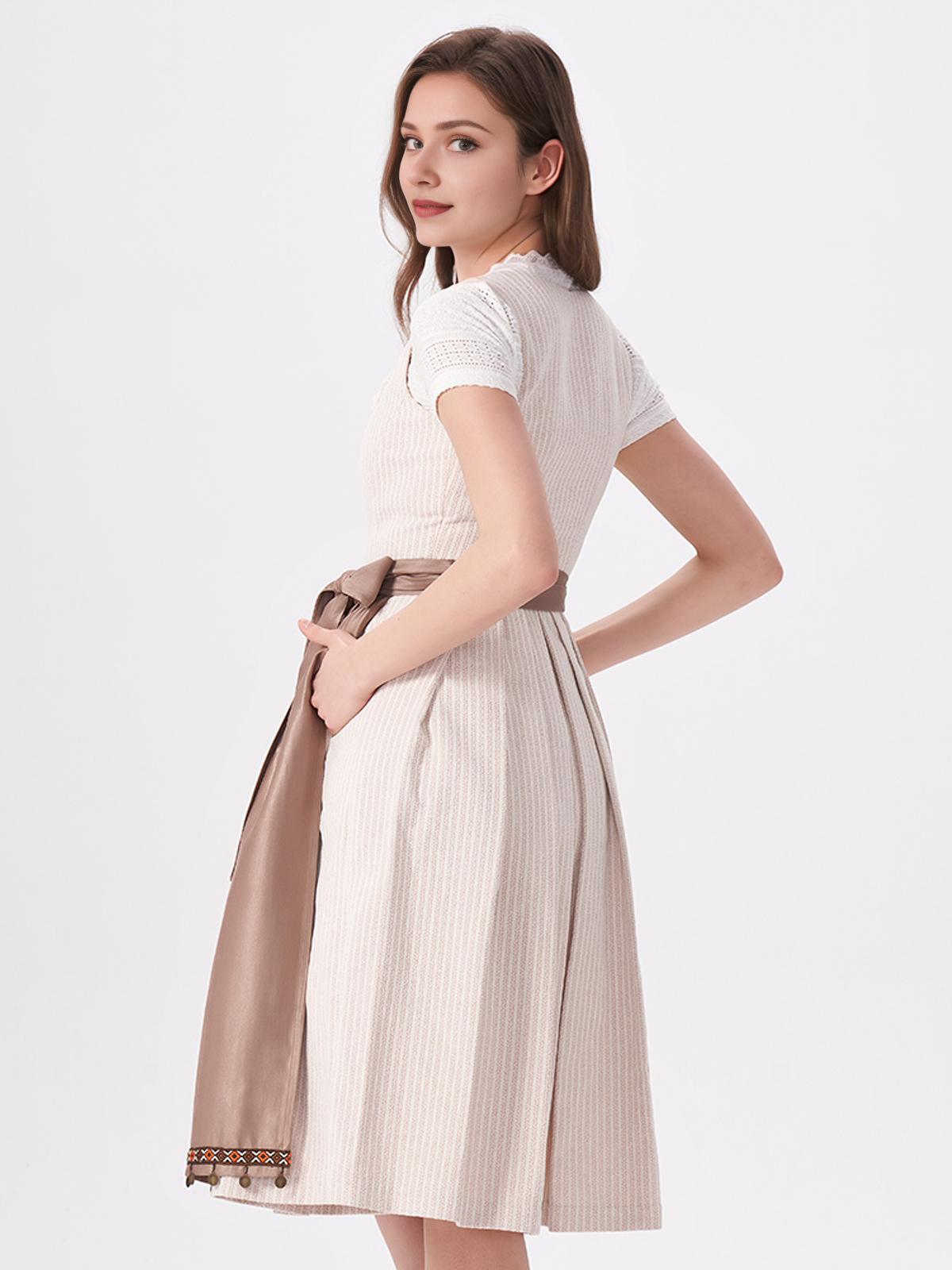 Damen Beige Gerader Ausschnitt Zwei verdeckte Eingriffstaschen Dirndl HELENA