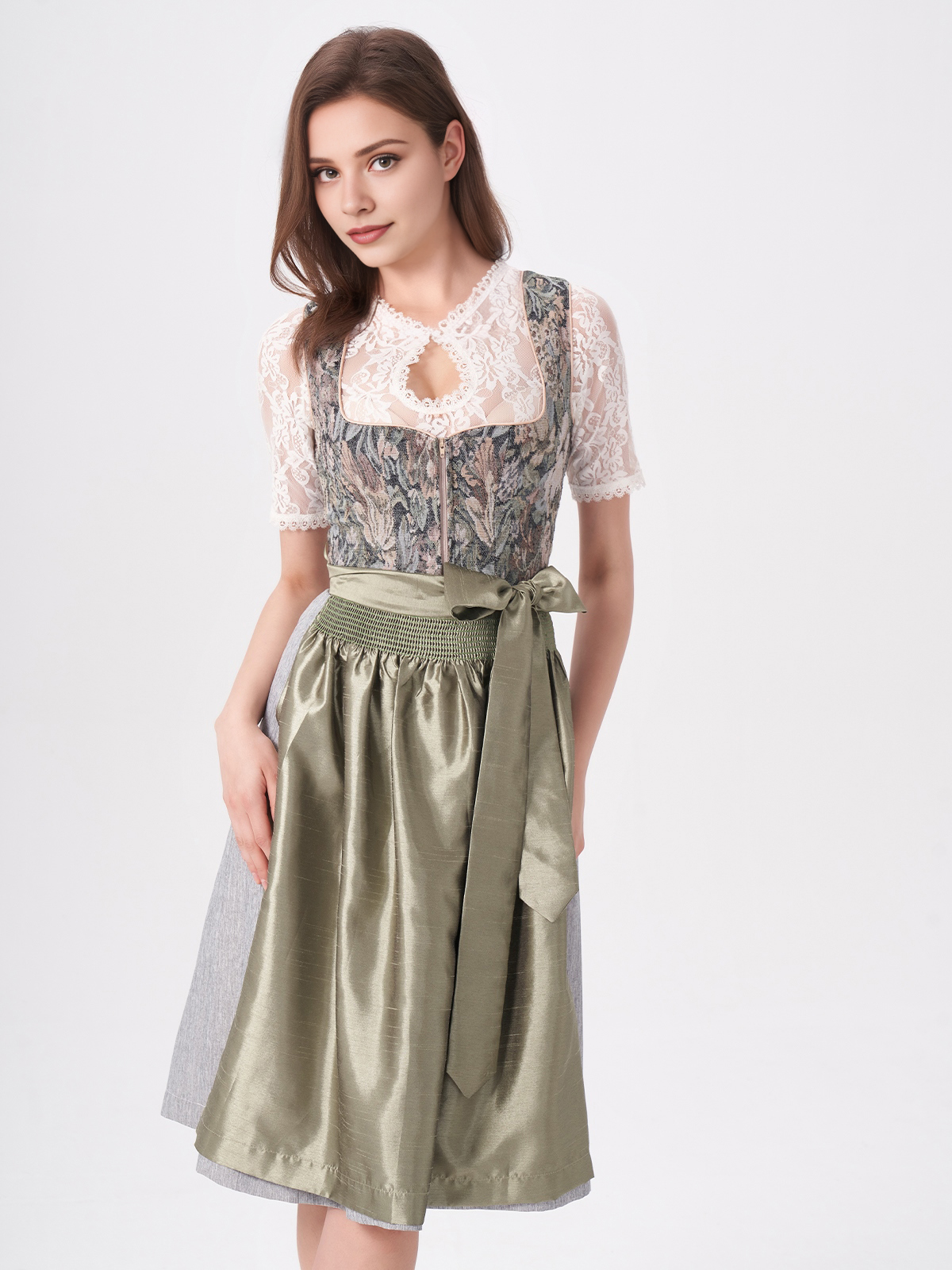 Damen Grün Herz-Ausschnitt Zwei verdeckte Eingriffstaschen Dirndl BIANCA