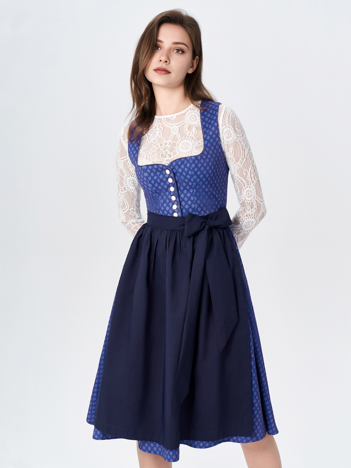 Damen Blau Herz-Ausschnitt Zwei verdeckte Eingriffstaschen Dirndl DANIELA