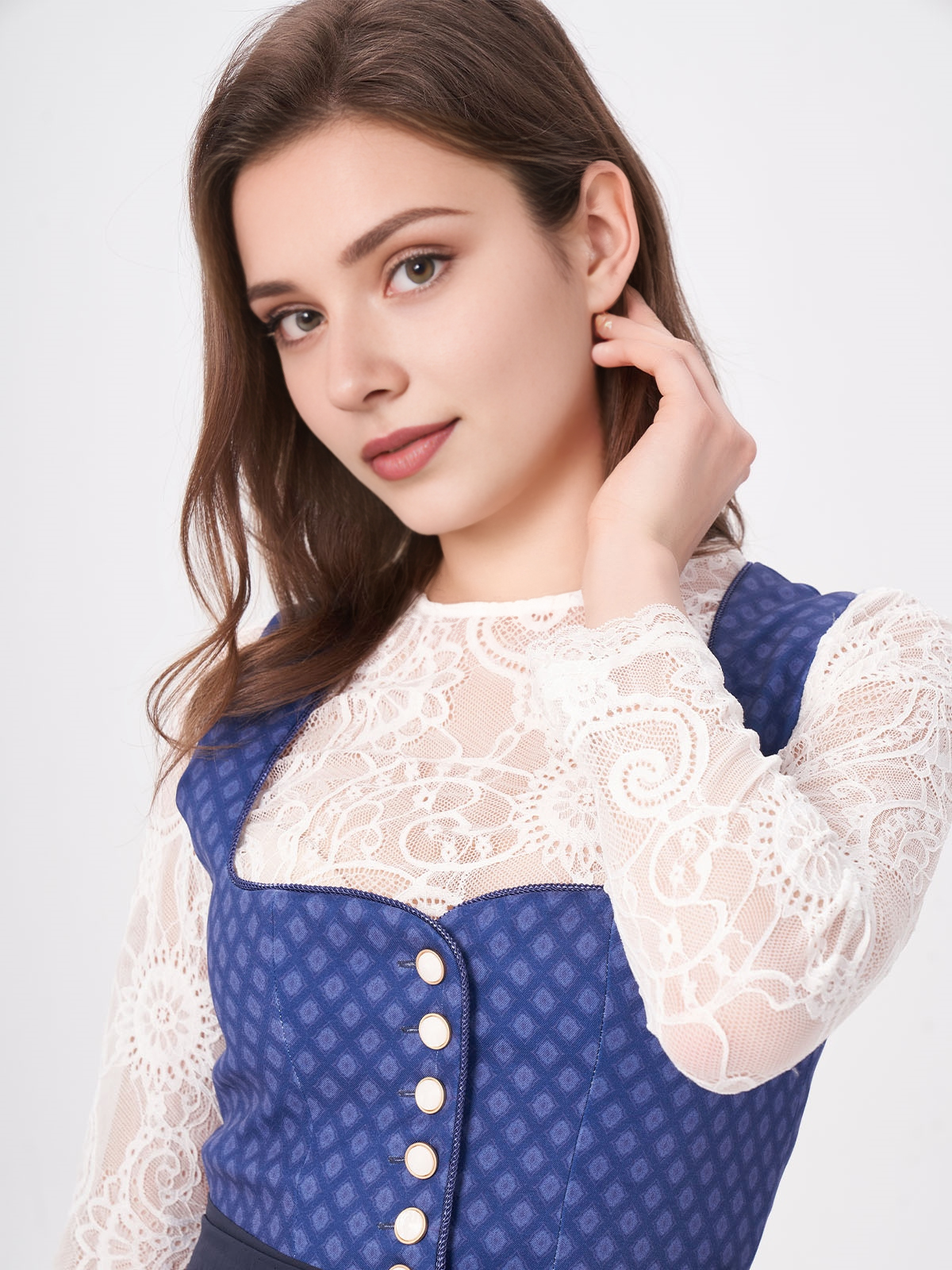 Damen Blau Herz-Ausschnitt Zwei verdeckte Eingriffstaschen Dirndl DANIELA