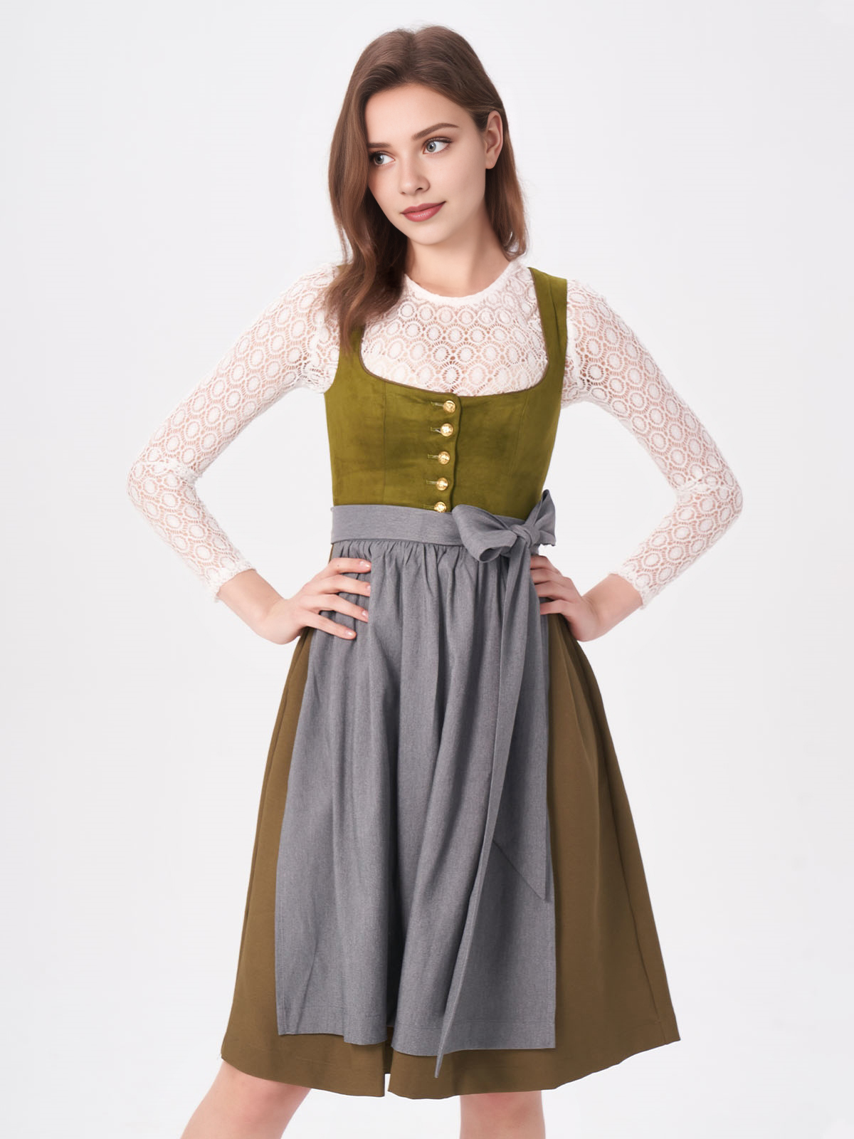 Damen Grün Gerader Ausschnitt Zwei verdeckte Eingriffstaschen Dirndl MOKI