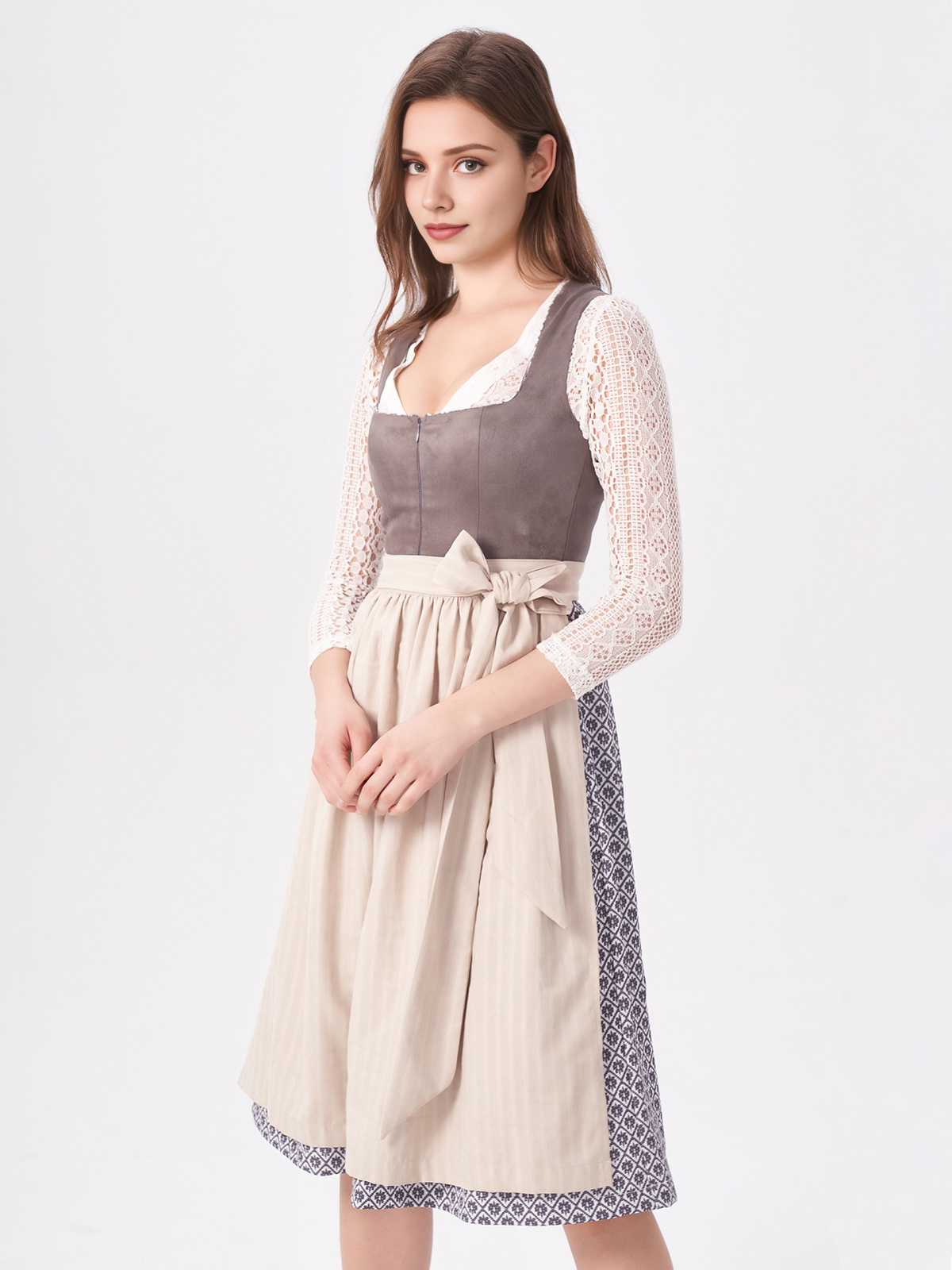 Damen Grau Gerader Ausschnitt Zwei verdeckte Eingriffstaschen Dirndl MAXIMA