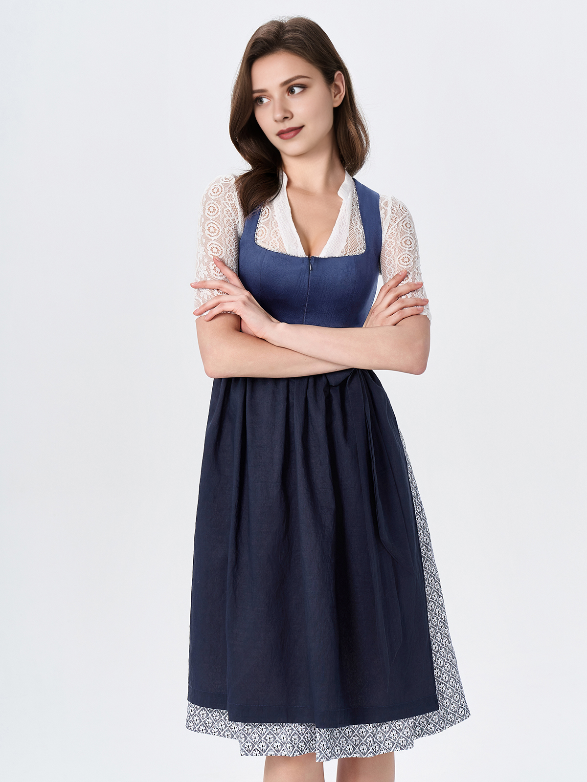 Damen Blau Gerader Ausschnitt Zwei verdeckte Eingriffstaschen Dirndl MAXIMA