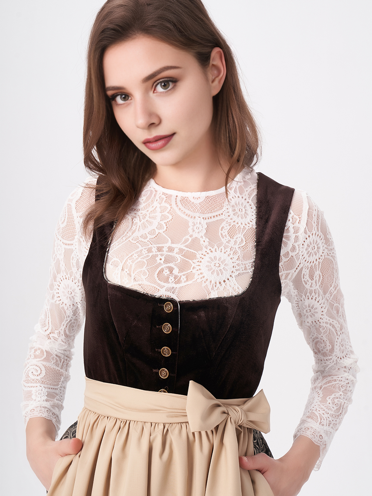 Damen Braun Gerader Ausschnitt Zwei verdeckte Eingriffstaschen Dirndl NICOLE