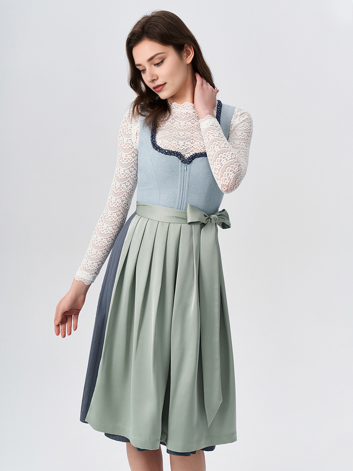 Damen Blau Herz-Ausschnitt Zwei verdeckte Eingriffstaschen Dirndl MANDL