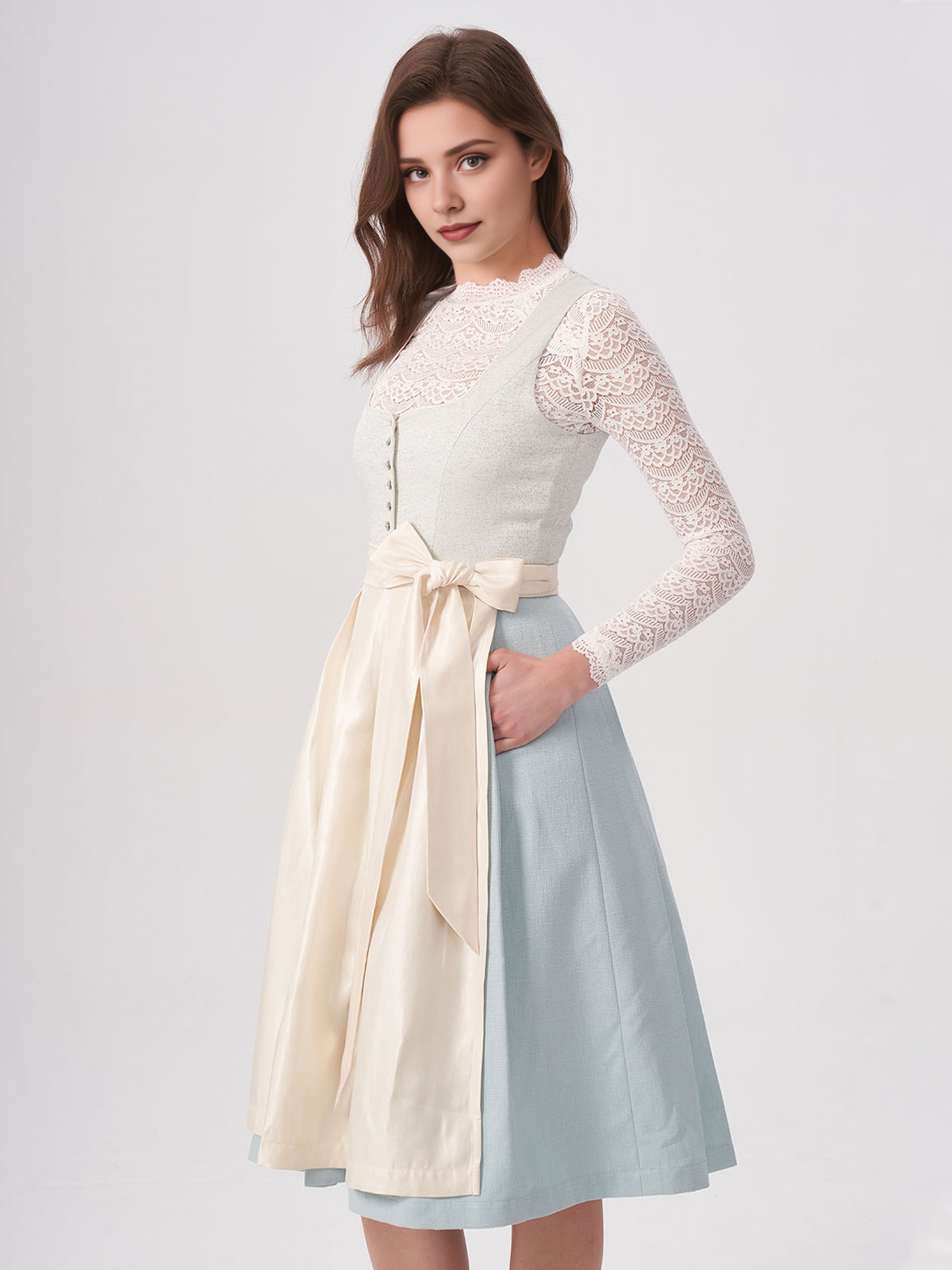 Damen Blau Herz-Ausschnitt Zwei verdeckte Eingriffstaschen Dirndl LAINER