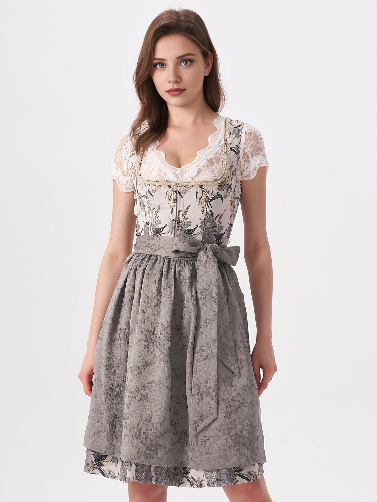 Damen Grau Gerader Ausschnitt Zwei verdeckte Eingriffstaschen Dirndl SISTA