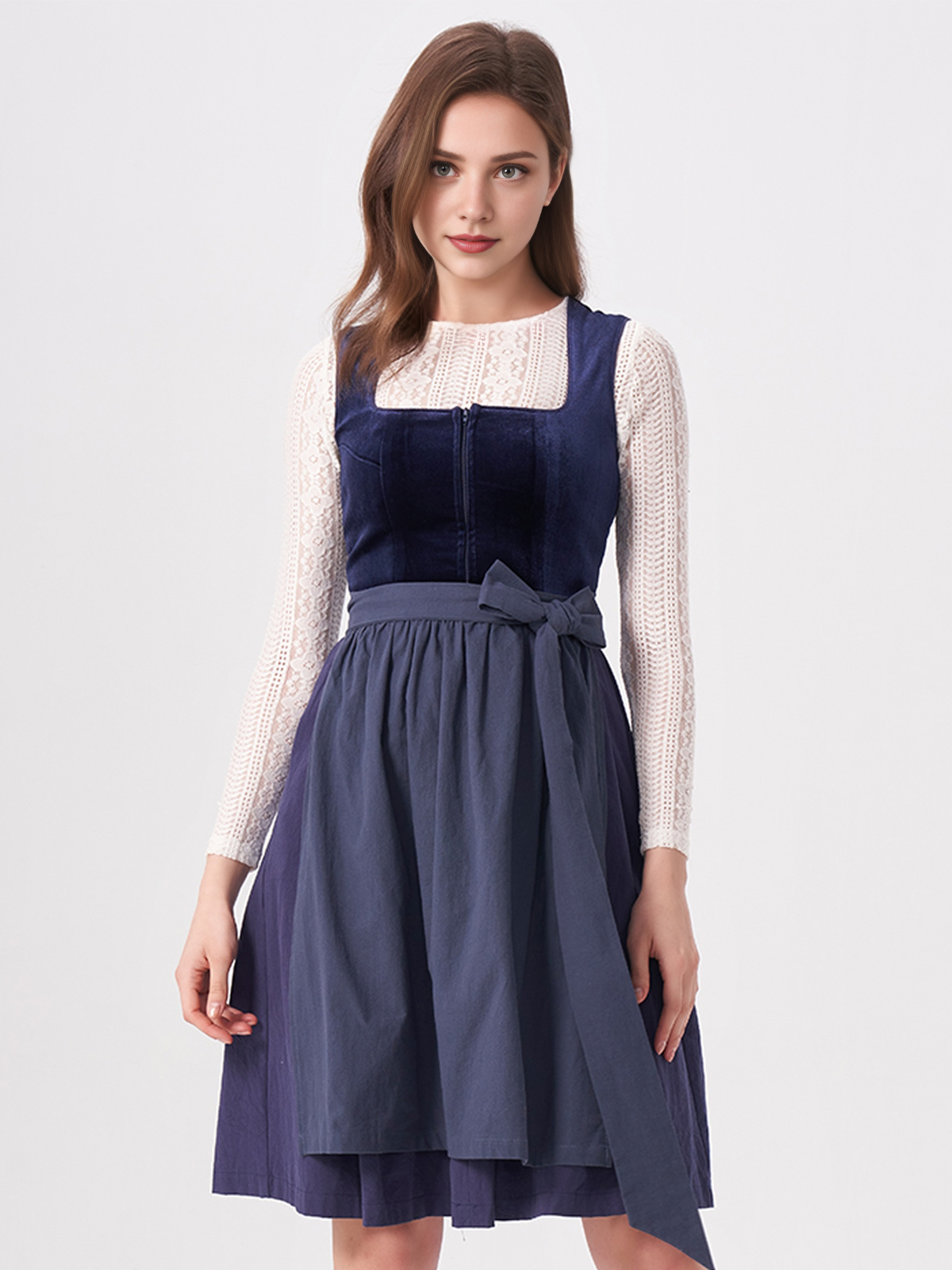 Damen Blau Gerader Ausschnitt Zwei verdeckte Eingriffstaschen Dirndl MELISA