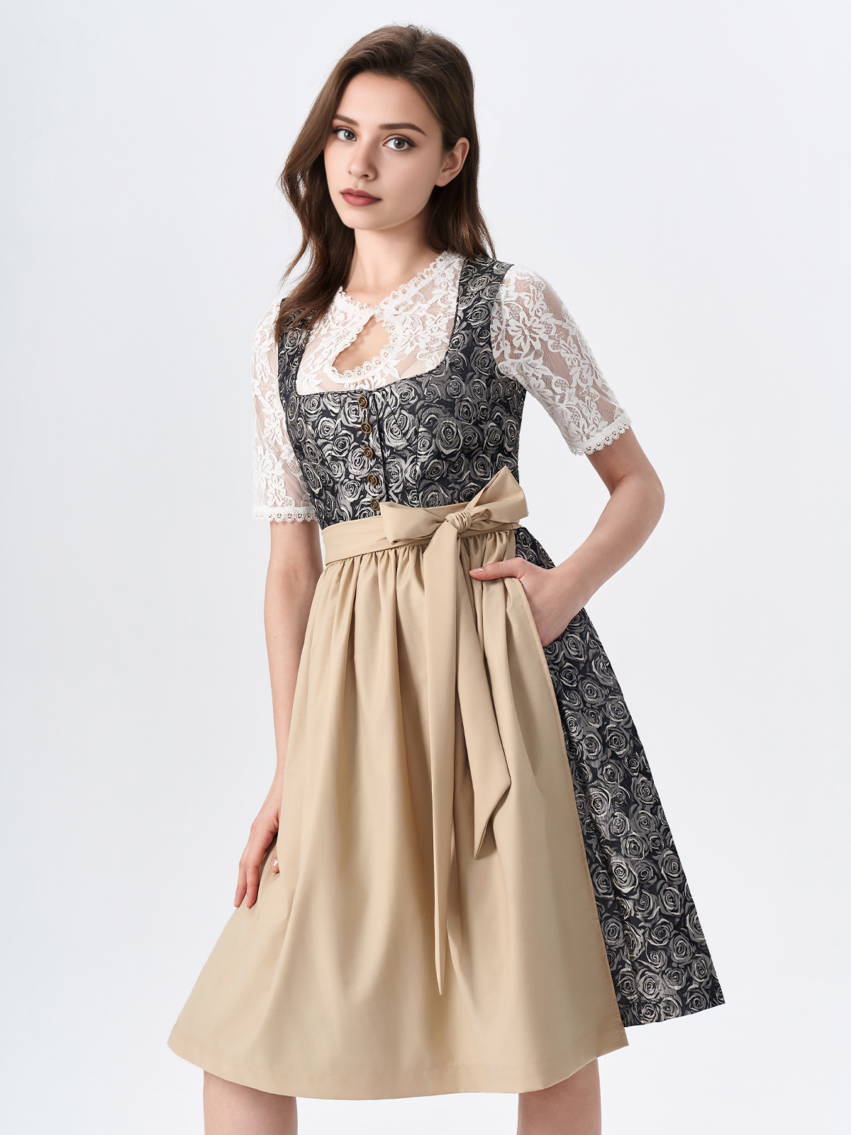Damen Gelb Gerader Ausschnitt Zwei verdeckte Eingriffstaschen Dirndl NADINE