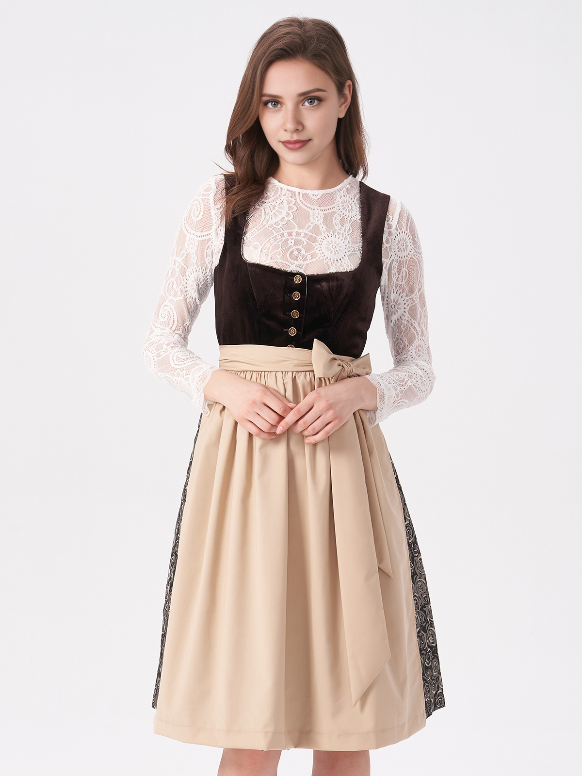 Damen Braun Gerader Ausschnitt Zwei verdeckte Eingriffstaschen Dirndl NICOLE