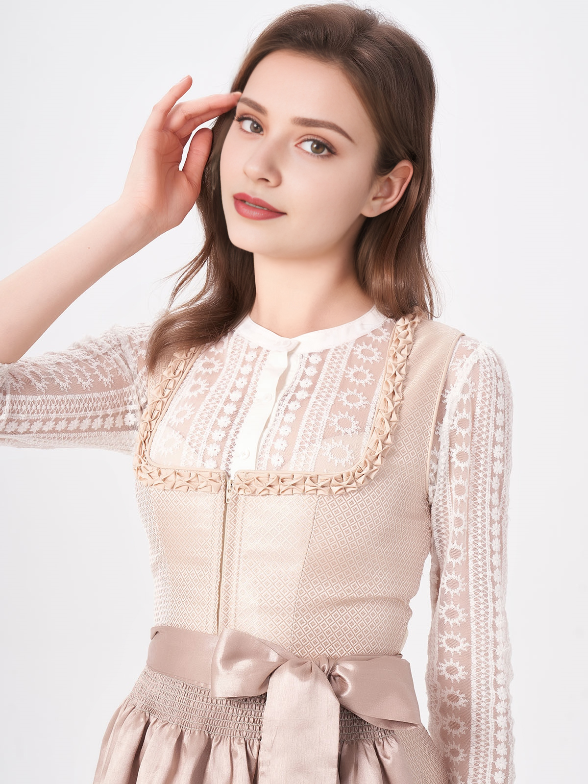 Damen Beige Gerader Ausschnitt Zwei verdeckte Eingriffstaschen Dirndl MILA