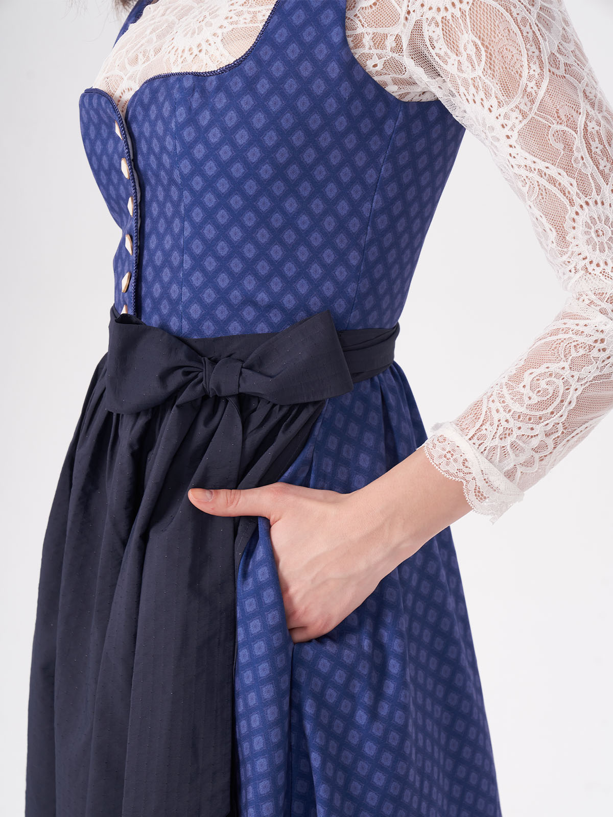 Damen Blau Herz-Ausschnitt Zwei verdeckte Eingriffstaschen Dirndl DANIELA